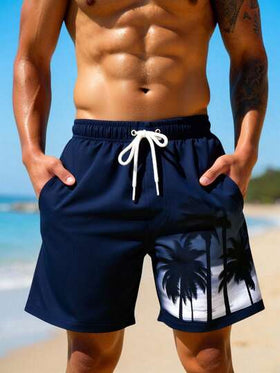 Manfinity Swimmode شورت شاطئ مطبوع بأشجار جوز الهند الاستوائية ذو خصر رباط للرجال في الصيف