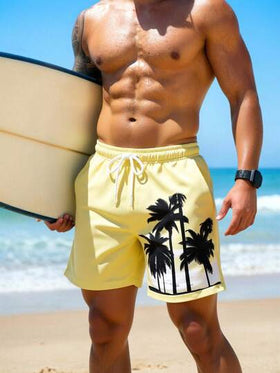 Manfinity Swimmode شورت شاطئ للرجال بخصر رباط وجيوب بطبعة أشجار النخيل