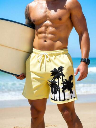 Manfinity Swimmode شورت شاطئ للرجال بخصر رباط وجيوب بطبعة أشجار النخيل
