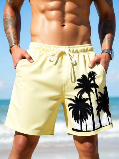 Manfinity Swimmode شورت شاطئ للرجال بخصر رباط وجيوب بطبعة أشجار النخيل