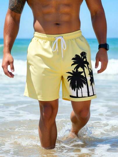 Manfinity Swimmode شورت شاطئ للرجال بخصر رباط وجيوب بطبعة أشجار النخيل