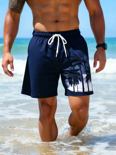 Manfinity Swimmode شورت شاطئ مطبوع بأشجار جوز الهند الاستوائية ذو خصر رباط للرجال في الصيف