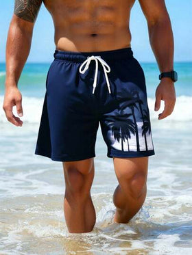 Manfinity Swimmode شورت شاطئ مطبوع بأشجار جوز الهند الاستوائية ذو خصر رباط للرجال في الصيف