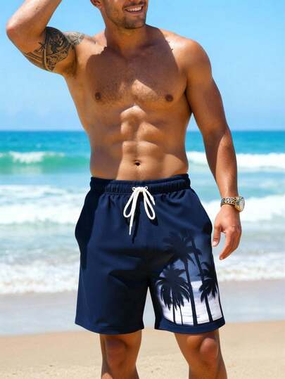 Manfinity Swimmode شورت شاطئ مطبوع بأشجار جوز الهند الاستوائية ذو خصر رباط للرجال في الصيف