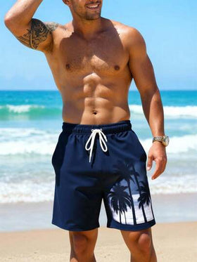 Manfinity Swimmode شورت شاطئ مطبوع بأشجار جوز الهند الاستوائية ذو خصر رباط للرجال في الصيف