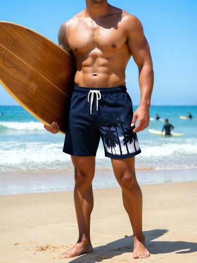 Manfinity Swimmode شورت شاطئ مطبوع بأشجار جوز الهند الاستوائية ذو خصر رباط للرجال في الصيف