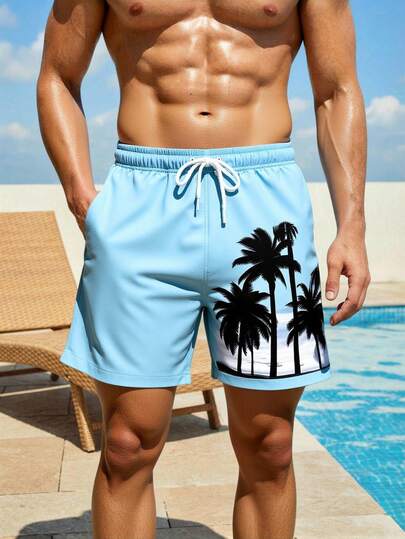 Manfinity Swimmode شورت كاجوال للشاطئ والعطلات مطبوع عليه أشجار جوز الهند مع خصر مرن وجيوب