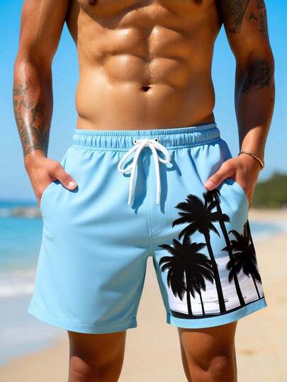 Manfinity Swimmode شورت كاجوال للشاطئ والعطلات مطبوع عليه أشجار جوز الهند مع خصر مرن وجيوب