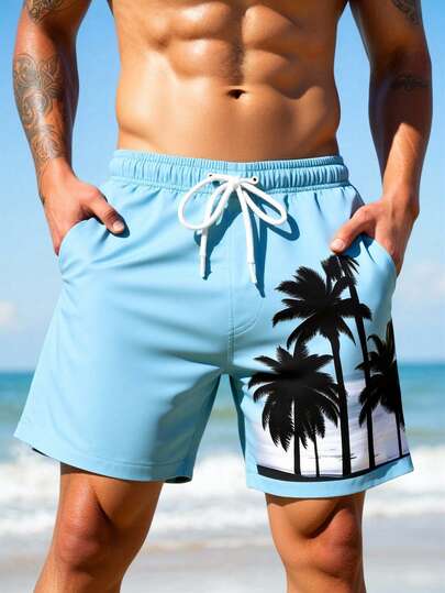 Manfinity Swimmode شورت كاجوال للشاطئ والعطلات مطبوع عليه أشجار جوز الهند مع خصر مرن وجيوب