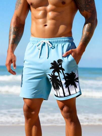 Manfinity Swimmode شورت كاجوال للشاطئ والعطلات مطبوع عليه أشجار جوز الهند مع خصر مرن وجيوب