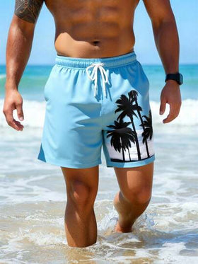 Manfinity Swimmode شورت كاجوال للشاطئ والعطلات مطبوع عليه أشجار جوز الهند مع خصر مرن وجيوب