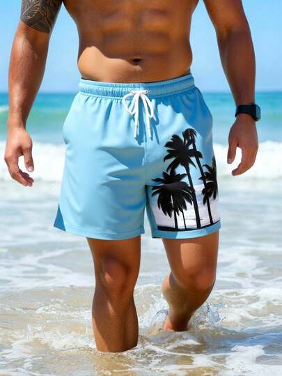 Manfinity Swimmode شورت كاجوال للشاطئ والعطلات مطبوع عليه أشجار جوز الهند مع خصر مرن وجيوب