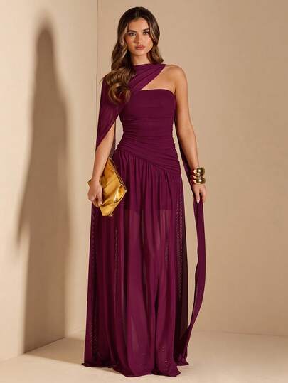 SHEIN BAE فستان أنيق بدون أكمام مطوي على شكل حرف A، فستان سهرة أنيق بدون أحزمة للضيوف في حفلات الزفاف، عيد الحب، عيد الميلاد، التخرج