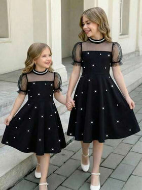 فستان أنيق فاخر من الشبك الأسود المخرز، مناسب لحفلات المساء، الزفاف، فتاة الزهور، الحفلات الراقصة وغيرها من المناسبات