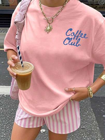ملابس علوية صيفية فضفاضة مطبوعة بشعار نادي القهوة، ملابس علوية صيفي كاجوال، ملابس علوية صيفية، تي شيرت مطبوع، هدية للنساء، مناسبة للقامات القصيرة