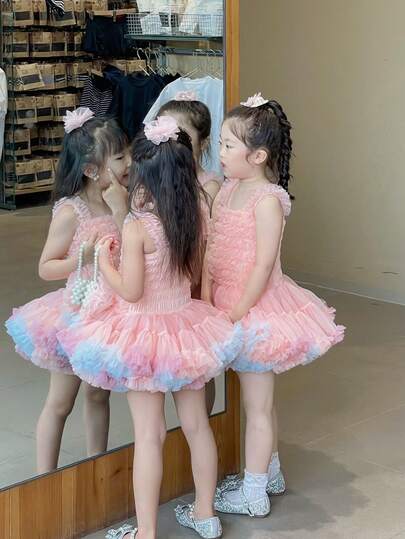 فستان كعكة أنيق من الدانتيل والتول الناعم لفتاة صغيرة أنيقة وحلوة، فستان حفلة أو شاطئ، للربيع والصيف، قطعة واحدة