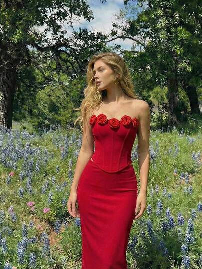 SHEIN MOD طقم ملابس علوية وتنورة عصري بتصميم أنيق من لون واحد ومزخرف بالزهور، مناسب للصيف وعيد الحب والمواعيد