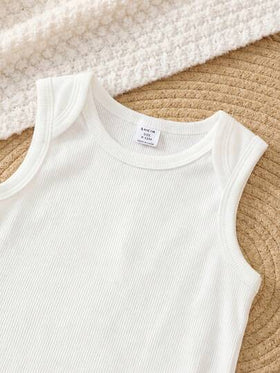 SHEIN 4 قطع طقم رومبر أطفال صبي/بنت بتصميم بسيط وناعم ومحبوك بألوان أحادية بدون أكمام، مناسب للربيع والصيف