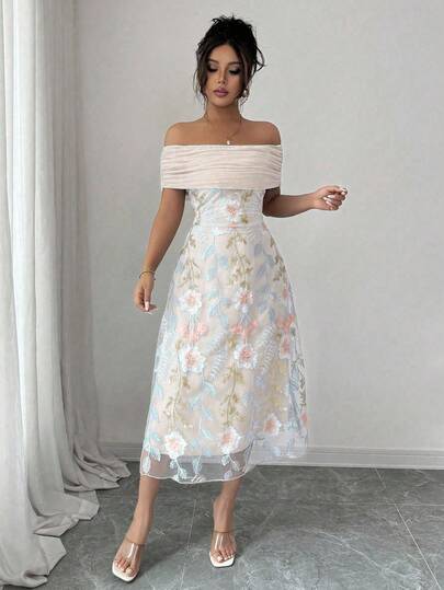 Modelyn فستان صيفي مثير بتصميم بسيط، من البوليستر المحبوك مع تطريز وكشكشة على الكتف، بتصميم شبكي ملون