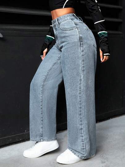 SHEIN PETITE بنطلون جينز نسائي عارض يحتوي على جيوب