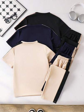 SHEIN 6 قطع/مجموعة ملابس أولاد مراهقين رياضية عصرية بتصميم جرافيك، قميص كم قصير وبنطلون، مناسبة للصيف، الرياضة، المدرسة، العطلات