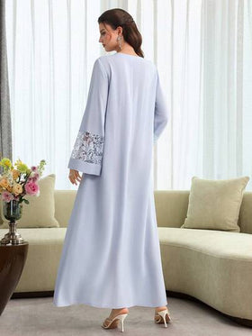 Al Najma فستان ربيعي/صيفي بياقة على شكل حرف V وأكمام واسعة، بتصميم لحمة مع تطريز ثلاثي الأبعاد وكشكشة على الهيم
