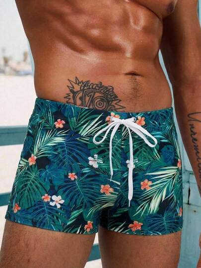 Manfinity Swimmode سروال السباحة للرجال ذو الخصر المطاطي مع طبعة نباتات استوائية، سروال سباحة مع بطانة ضاغطة، سريع الجفاف، سروال سباحة رجالي استوائي أخضر، سروال سباحة رجالي أزهار