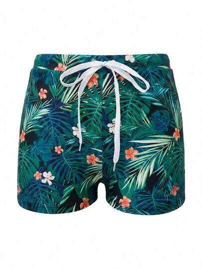 Manfinity Swimmode سروال السباحة للرجال ذو الخصر المطاطي مع طبعة نباتات استوائية، سروال سباحة مع بطانة ضاغطة، سريع الجفاف، سروال سباحة رجالي استوائي أخضر، سروال سباحة رجالي أزهار