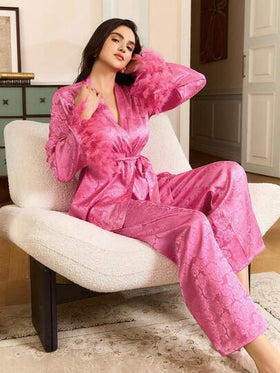 طقم بيجامة أنيق بتطريز ريش على الطراز الفرنسي، طقم بيجامة نسائي طويل الأكمام وبنطال مزين بقطع ريش رومانسية مربوطة
