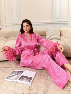 طقم بيجامة أنيق بتطريز ريش على الطراز الفرنسي، طقم بيجامة نسائي طويل الأكمام وبنطال مزين بقطع ريش رومانسية مربوطة