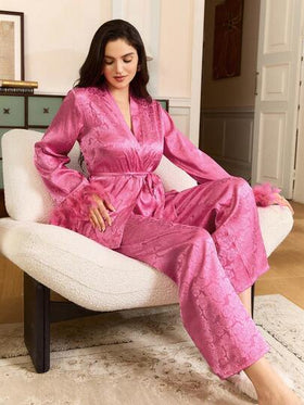 طقم بيجامة أنيق بتطريز ريش على الطراز الفرنسي، طقم بيجامة نسائي طويل الأكمام وبنطال مزين بقطع ريش رومانسية مربوطة