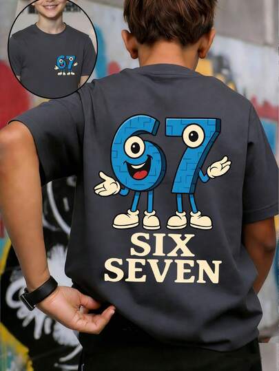 ملابس علوية تي شيرت للفتى المراهق "SIX SEVEN-Italian Brain" بطباعة رقم 67 كرتونية ملونة، مناسب للارتداء اليومي، الملابس الشارعية، أسلوب الحرم الجامعي، ملابس علوية صيفية عصرية متعددة الاستخدامات