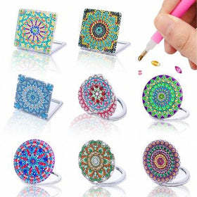 طقم رسم الماس 1 قطعة مرآة صغيرة، بنمط زهرة المندالا، جلد PU قابل للطي ثنائي الوجه مزين بالراين ستون، مناسب للمبتدئين والبالغين، سهل الحمل كهدية لجميع المناسبات