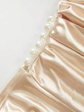 Franclia فستان طويل أنيق للسيدات بأكمام طويلة وياقة مكشكشة، تصميم مطوي طويل من القماش الساتان، لون شمبانيا أنيق وأنيق، مناسب لحفلات المساء والأم للعروس. فستان سهرة طويل للسيدات بأكمام طويلة وياقة واسعة، تنورة مظلة، تصميم ضيق مع التركيز على الخصر، لون شمبا