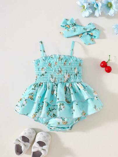 SHEIN Vintaside Kids رومبير بحمالات رفيعة مع حافة مكسرة، تصميم مرح للارتداء اليومي للبنات الصغيرات