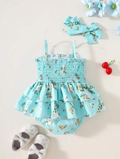 SHEIN Vintaside Kids رومبير بحمالات رفيعة مع حافة مكسرة، تصميم مرح للارتداء اليومي للبنات الصغيرات