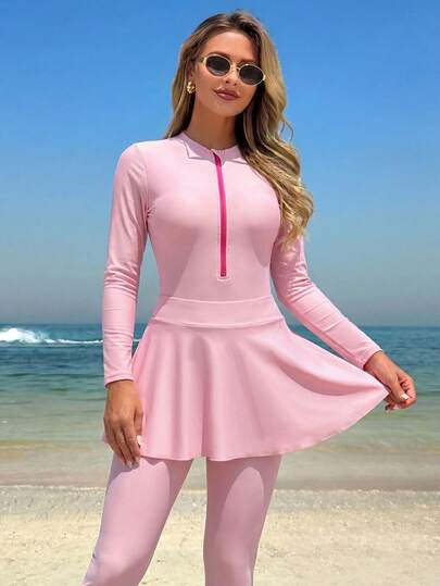 Swim Shayni ملابس سباحة بثلاث قطع على الطراز الشرق أوسطي، باللون الوردي، مناسبة للشاطئ والعطلات الربيعية والصيفية