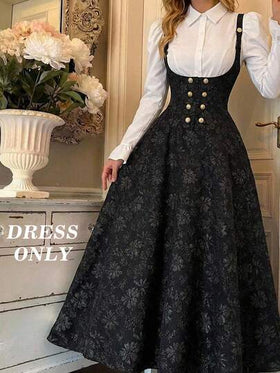 SHEIN MOD فستان نسائي أنيق بحمالات رفيعة من الجاكار، تنورة نسائية أنيقة سوداء بطبعات زهور من الجاكار بأزرار ذهبية مزينة بخط A كامل، فستان جاكار بروكيد، فستان جوتيك، فستان ميدي بشكل صدرية، بطراز قرصان، بطراز فيكتوري، فساتين حفلات أنيقة، فستان لضيف الزفاف،