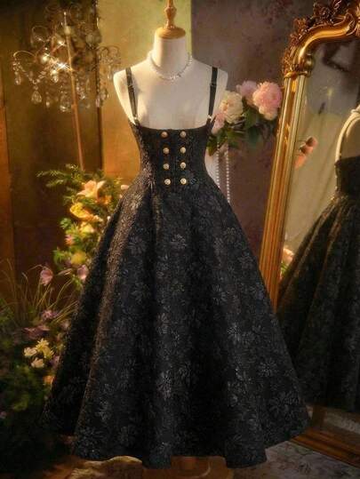 SHEIN MOD فستان نسائي أنيق بحمالات رفيعة من الجاكار، تنورة نسائية أنيقة سوداء بطبعات زهور من الجاكار بأزرار ذهبية مزينة بخط A كامل، فستان جاكار بروكيد، فستان جوتيك، فستان ميدي بشكل صدرية، بطراز قرصان، بطراز فيكتوري، فساتين حفلات أنيقة، فستان لضيف الزفاف،