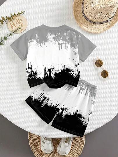 SHEIN طقم تي شيرت مريح وفضفاض بطبعة صبغ التعادل للأولاد، بأسلوب عصري وملائم للرياضة والعطلات الصيفية