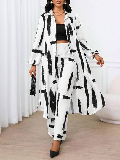 SHEIN Lady قميص كاجوال أنيق للعمل ذو أكمام بيشوب وجيب، أكمام طويلة، مجموعة قطعتين للعطلات والكنيسة والمكتب، ملابس صيفية للنساء، مجموعة صيفية مكونة من قطعتين