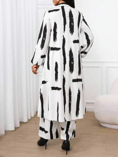 SHEIN Lady قميص كاجوال أنيق للعمل ذو أكمام بيشوب وجيب، أكمام طويلة، مجموعة قطعتين للعطلات والكنيسة والمكتب، ملابس صيفية للنساء، مجموعة صيفية مكونة من قطعتين