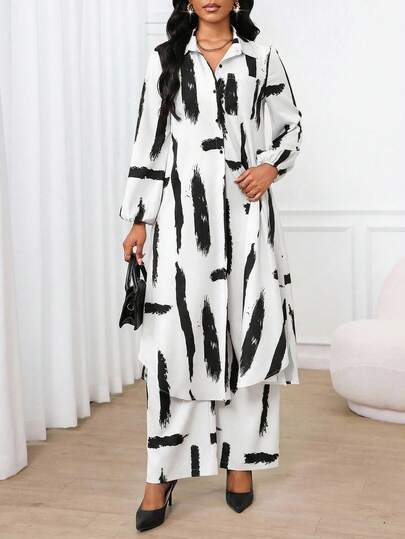 SHEIN Lady قميص كاجوال أنيق للعمل ذو أكمام بيشوب وجيب، أكمام طويلة، مجموعة قطعتين للعطلات والكنيسة والمكتب، ملابس صيفية للنساء، مجموعة صيفية مكونة من قطعتين