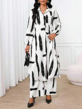SHEIN Lady قميص كاجوال أنيق للعمل ذو أكمام بيشوب وجيب، أكمام طويلة، مجموعة قطعتين للعطلات والكنيسة والمكتب، ملابس صيفية للنساء، مجموعة صيفية مكونة من قطعتين