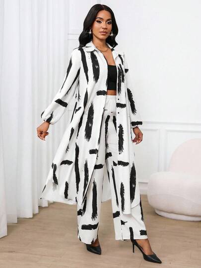 SHEIN Lady قميص كاجوال أنيق للعمل ذو أكمام بيشوب وجيب، أكمام طويلة، مجموعة قطعتين للعطلات والكنيسة والمكتب، ملابس صيفية للنساء، مجموعة صيفية مكونة من قطعتين
