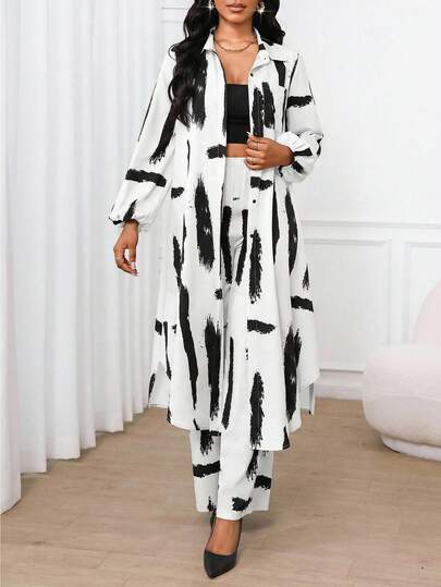 SHEIN Lady قميص كاجوال أنيق للعمل ذو أكمام بيشوب وجيب، أكمام طويلة، مجموعة قطعتين للعطلات والكنيسة والمكتب، ملابس صيفية للنساء، مجموعة صيفية مكونة من قطعتين