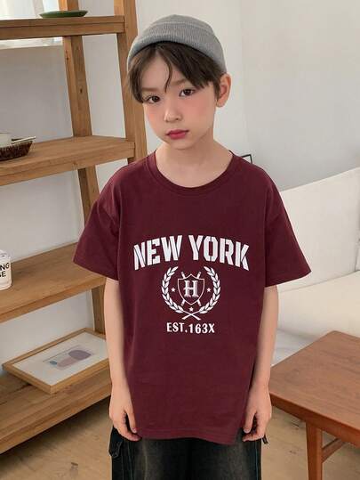 DAZY قميص كاجوال بأكمام طويلة وياقة دائرية مطبوع عليه حروف للفتيان المراهقين