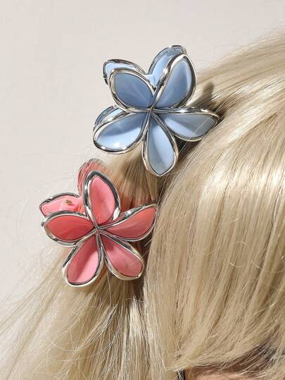 8 قطعة/مجموعة مشابك شعر من مادة ABS بألوان حلوة كالحلوى بتصميم زهرة البلوميريا بحافة فضية لامعة، ملحقات شعر متعددة الاستخدامات بتصميم بسيط لحفلات الشاي، ملحقات شعر أنيقة للنساء، مشابك شعر عصرية للاستخدام اليومي والشاطئ