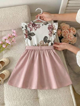 SHEIN فستان جميل بأكمام قصيرة وطبعة زهرية مع ربطة الخصر للفتيات الصغيرات