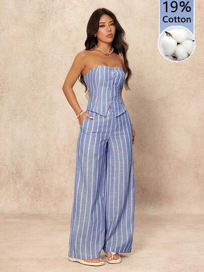 SHEIN PETITE طقم ملابس علوية كاجوال مخططة أحادية الصدر وبنطال واسع الساق موضة قطعتين للنساء، للارتداء اليومي